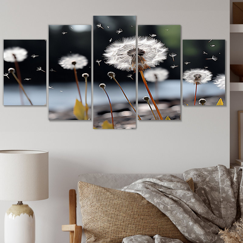 White White Dandelion Whispers I - Ensemble de décoration murale en métal floral