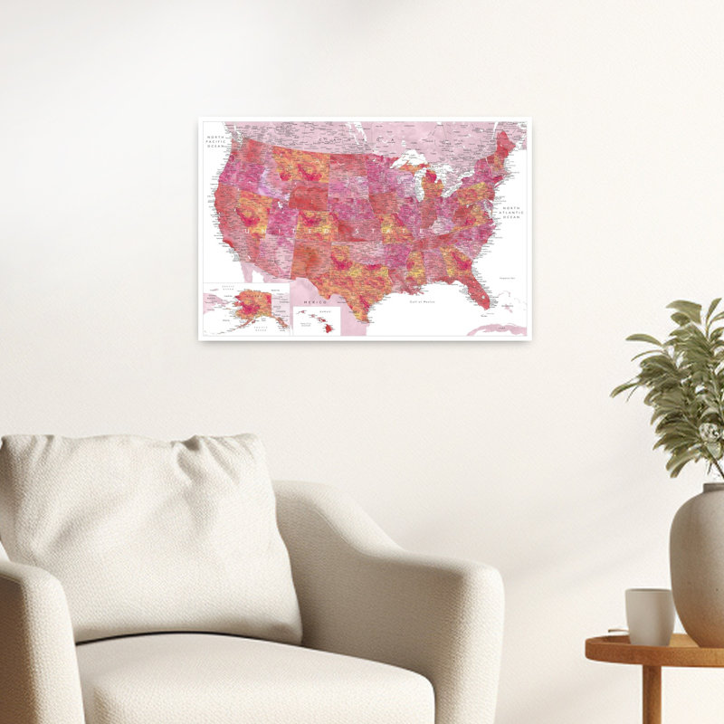 Carte des États-Unis à l'aquarelle, impression d'art mural contemporain, H 16 po x l 24 po