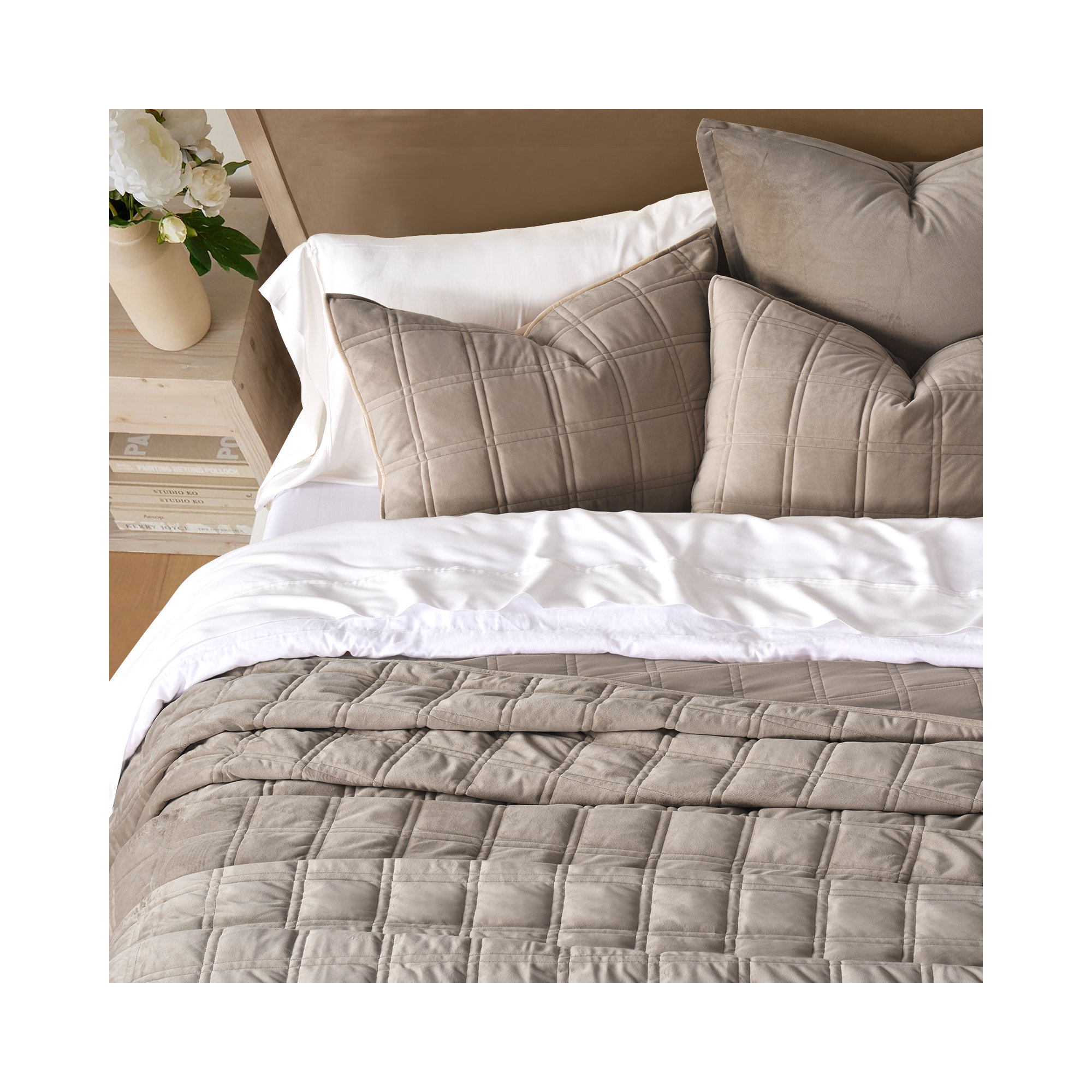 Double Box Stitch Velvet Quilt set, King Quilt + 2 King Shams, Mocha Brown