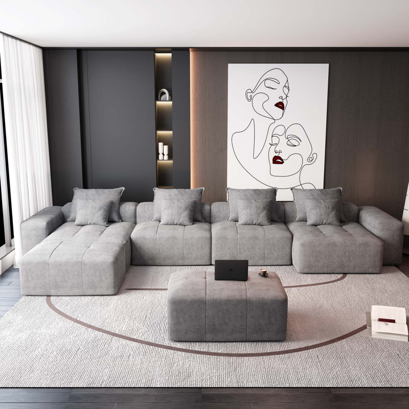 Canapé modulaire moderne à 8 pièces avec 8 coussins, Chenille grise
