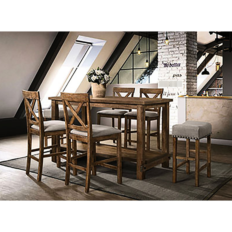 Assise à hauteur de comptoir en lin brun clair - Fabrication en bois rustique et design moderne 2