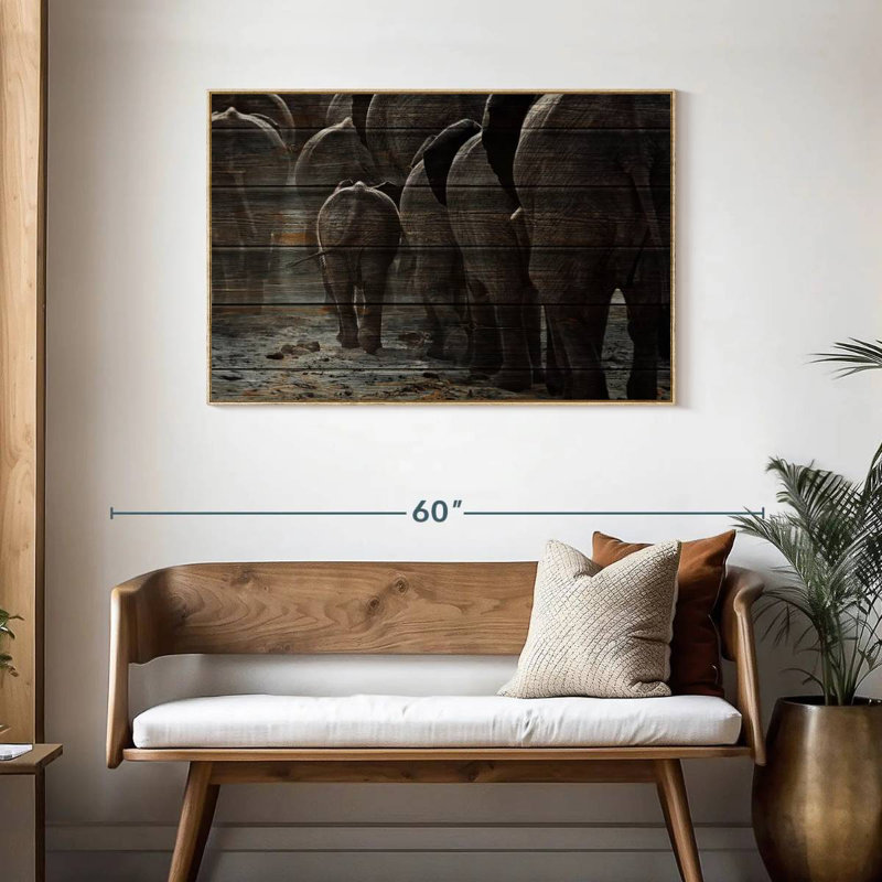Éléphants texturés en bois, Cadre flottant en bois naturel, 43 po x 29 po