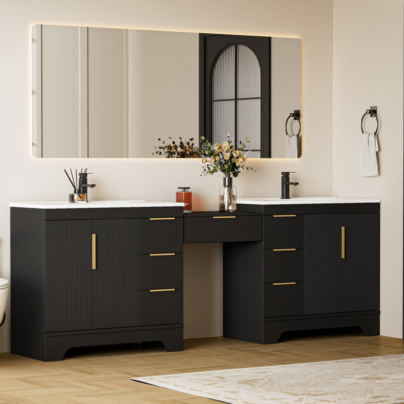 96" Freestanding Double Sink Bathroom Vanity With Sink Top, 24" Makeup Countertop With Drawer, Bathroom Cabinet Shelf With Drawers And Doors