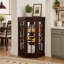 Armoire basse de coin lumineuse à cinq côtés avec cadre de porte et porte en verre quadrillé, 2 tablettes réglables, vitrine, vitrine, armoire de rangement, convient à tous les coins, chêne-1287487482