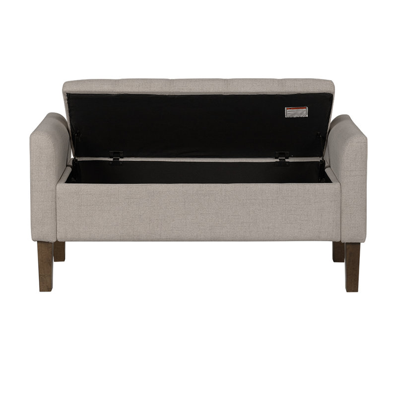 Light Taupe Upholstered Flip-Top Storage Bench with Wood Legs