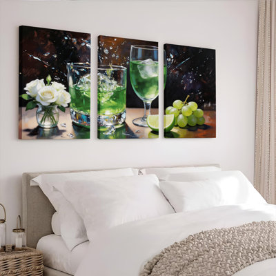 Green Cocktail And Grapes Canvas Wrapped Wall Art Oil Painting Print Set Of 3 For Living Room Kitchen Bar Decor