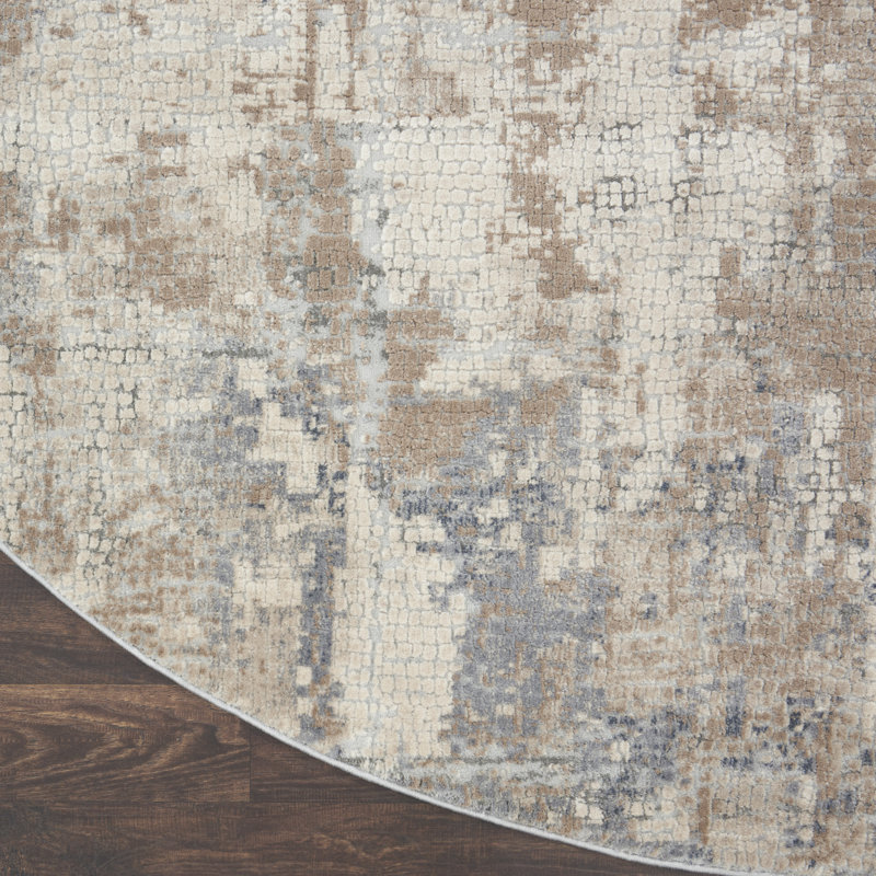 Round Grey and Beige Abstract Synthetic Area Rug