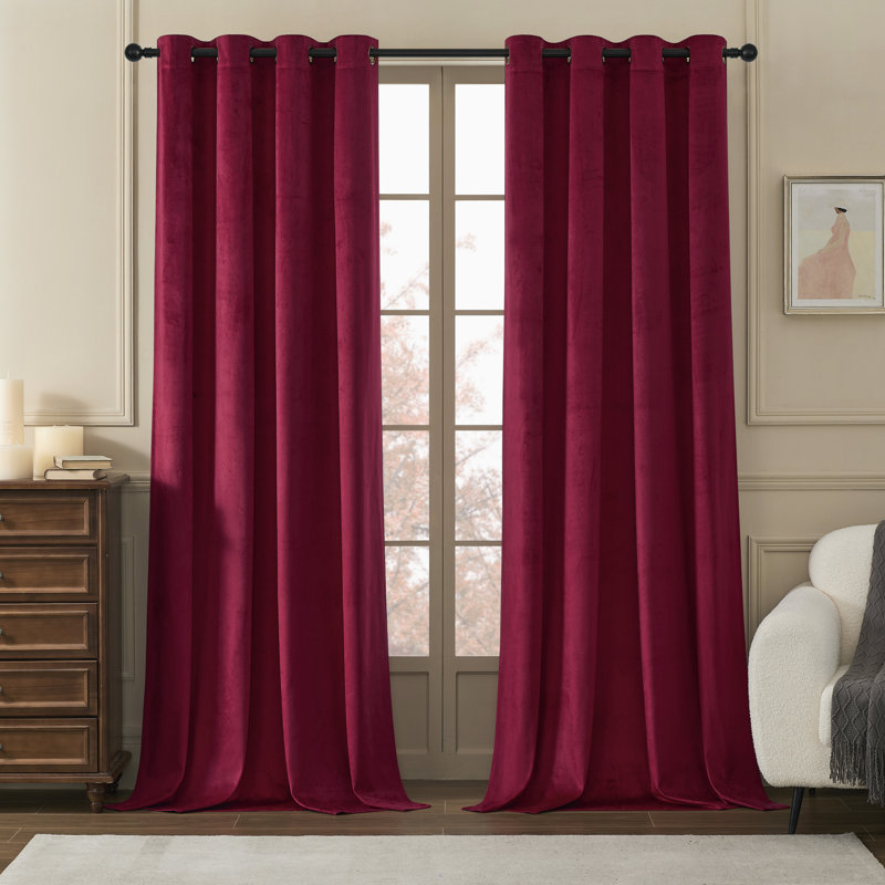 Deavion Velvet Solid Color Metal Grommets Room Darkening Curtain Panels, Burgundy, 52" W x 90" L