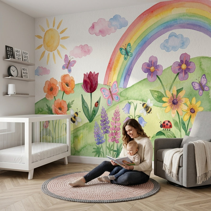 Spring Meadow papier peint aquarelle arc-en-ciel amovible, 160 po x 108 po, Peler et coller