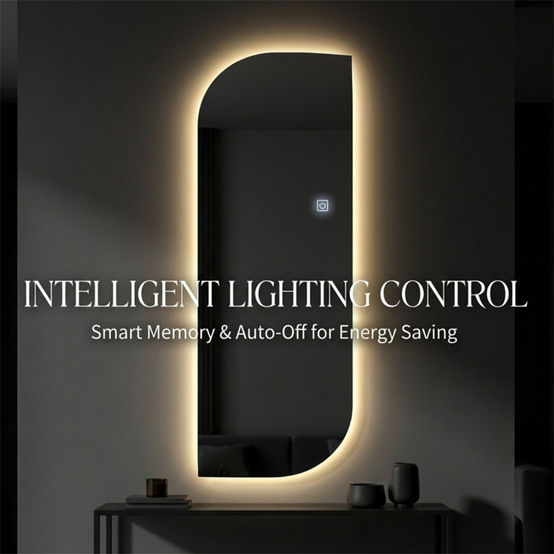 65" x 21" LED Full Length Wall Mirror, Irregular Shape Design, 3-Color Dimmable Lighting, 0.2in Copper-Free Silver Glass, Motion Sensor Auto-Off, Memory Function, Hardwired or Plug-in