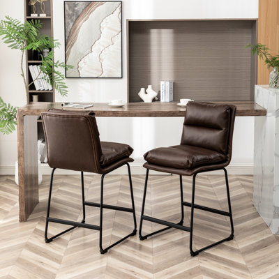 Tabourets de comptoir rembourrés de 26 po de hauteur, 2 po, brun antique, chaises de salle à manger, similicuir et métal, rembourrés de mousse pour la durabilité, revêtus de tissu d'ameublement, base en métal,