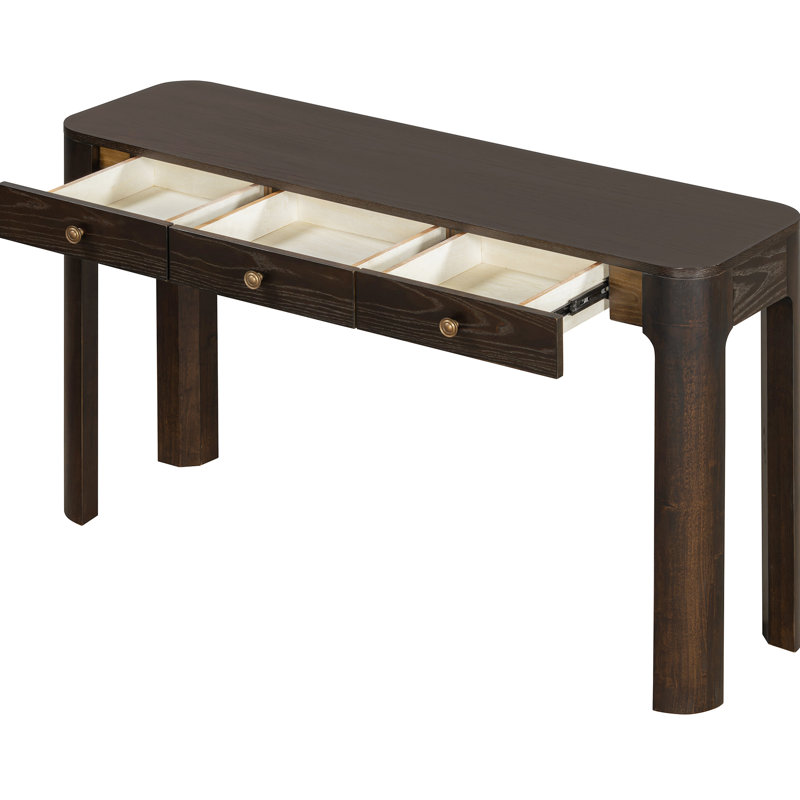 Console rustique avec finition soignée, coins arrondis, 3 tiroirs de rangement pratiques, structure robuste avec pieds épais, style rétro pour entrée, couloir ou salon, plateau supportant jusqu'à 68 kg, grand tiroir de 63,5 cm, petit tiroir de 51 cm.