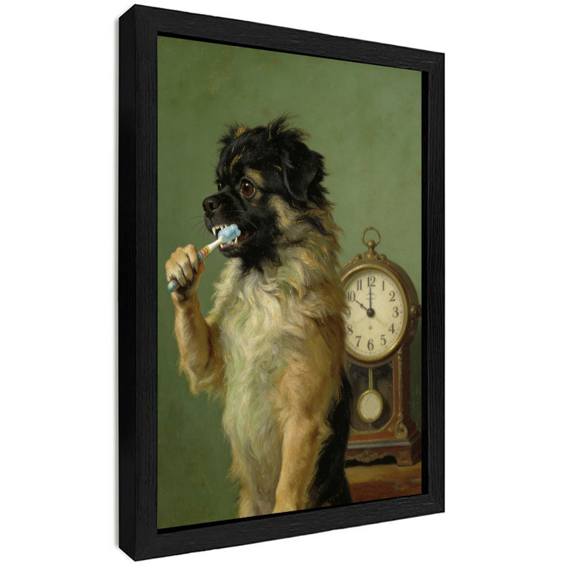 Art encadré noir, chien noir rétro, brossage des dents, art humoristique rétro, impressions encadrées, H 11 po x l 9 po