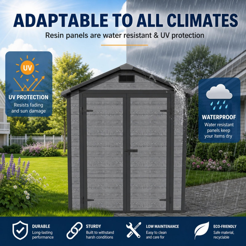 Remise de rangement extérieure en résine avec plancher, porte verrouillable et fenêtres, remise à outils imperméable en plastique toutes saisons pour pelouse de jardin
