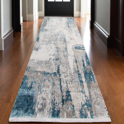 Tapis de couloir abstrait gris et ivoire 3 pi x 10 pi avec frange