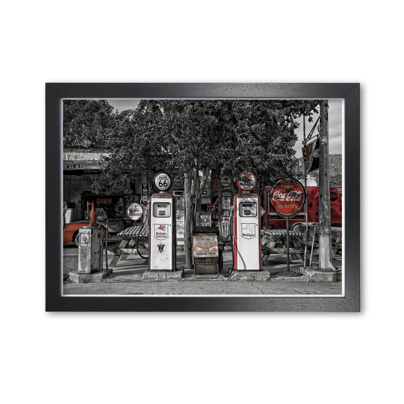 Retro Black And Red Gas Pumps - Single Picture Frame Print, 85 cm H x 60 cm W x 5 cm D, Black Grain Frame