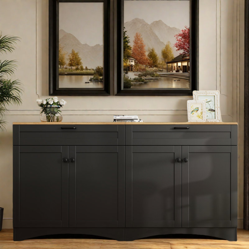 Farmhouse Sideboard With Adjustable Shelves And Rustic Handles, Black