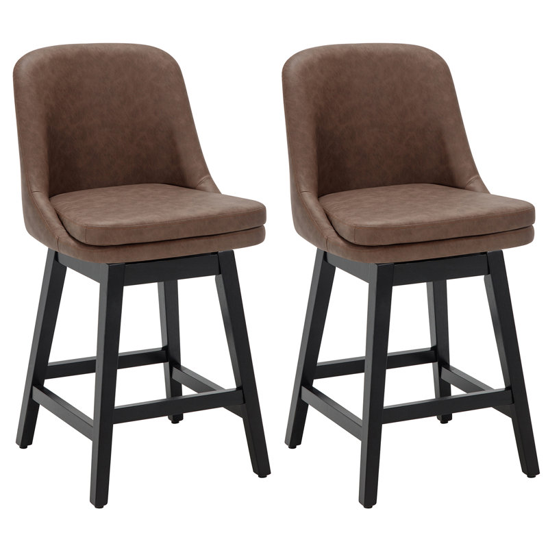 Ensemble de 2 tabourets de bar pivotants à hauteur de comptoir de 26 po avec pieds en bois massif, tabourets de campagne modernes pour îlot de cuisine et comptoir, similicuir brun