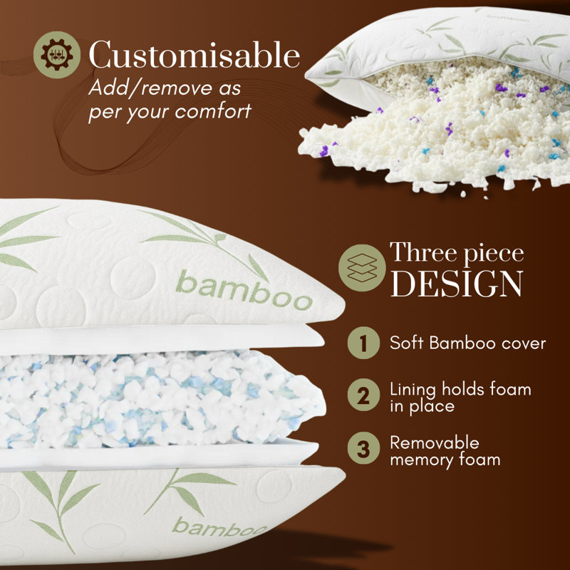 Memory Foam Bed Pillow, Cooling Bamboo Cover, Adjustable Firmness (Set of 2), King