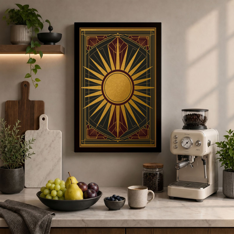Radiant Sun Art Deco - Wrapped Canvas, 36x24 - 91.4 x 61.0 cm, Ochre Border