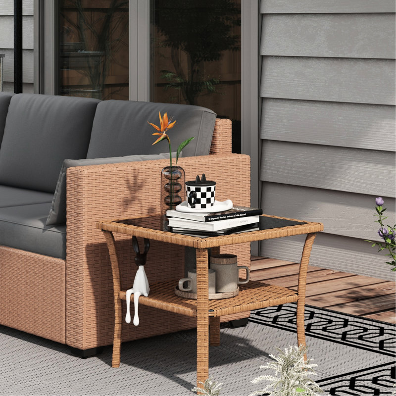 2 Outdoor Table With Black + Brown Finish And Tempered Glass Patio End Storage Function