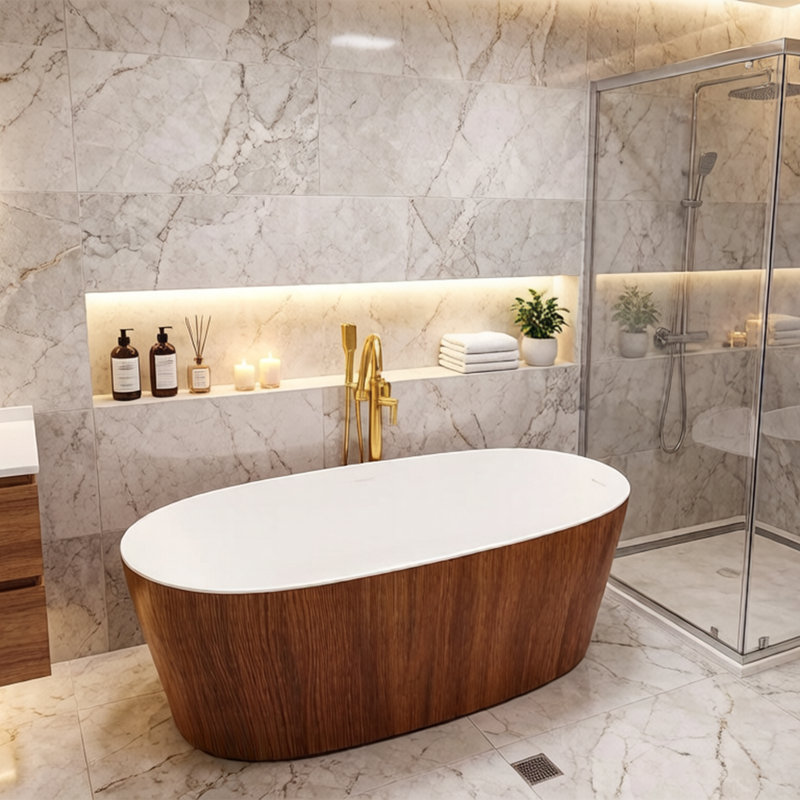 Baignoire de trempage autoportante à surface solide avec grain de bois 63 po. X 30 po. Casainc