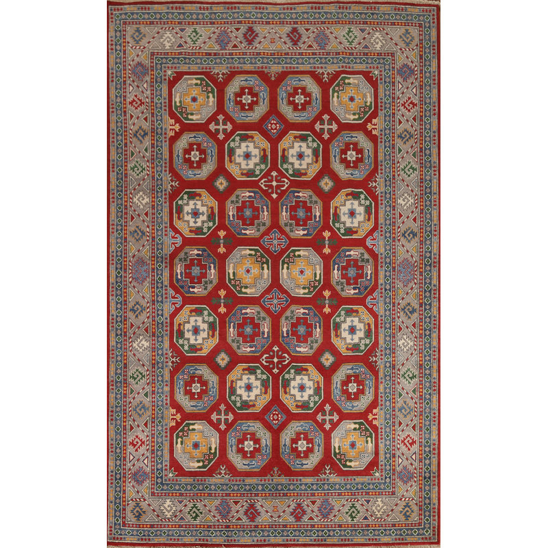 Tapis rouge / beige / bleu en laine noué à la main de conception unique 6 pi 8 po x 9 pi 9 po New Age