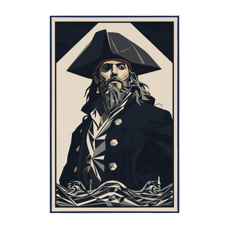 Machine Washable Cilegon Pirate Captain Modern Geometric Rug in Grey – Navy Binding, 2x5