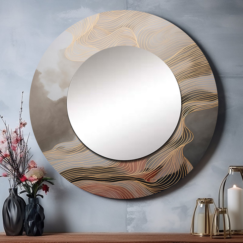 Ometa doré et gris Expressions linéaires I - dessin au trait mural unique, miroir rond doré, impression sur métal