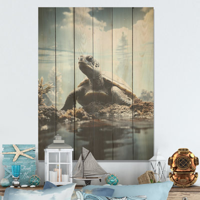 Minimalist Portrayal Of A Turtle - Turtle Wood Panel Wall Art On Natural Pine Wood