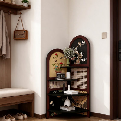 Corner Bookshelf Arched Display Rack, Vintage Floral Print Wooden Shelving Unit with Rattan Accents & 4-Tier Storage, Space-Saving Freestanding Organizer for Living Room, Bedroom & Reading Nook