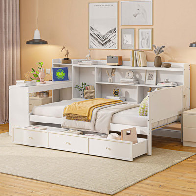 Lit de jour en bois avec 3 tiroirs, ports USB et bureau