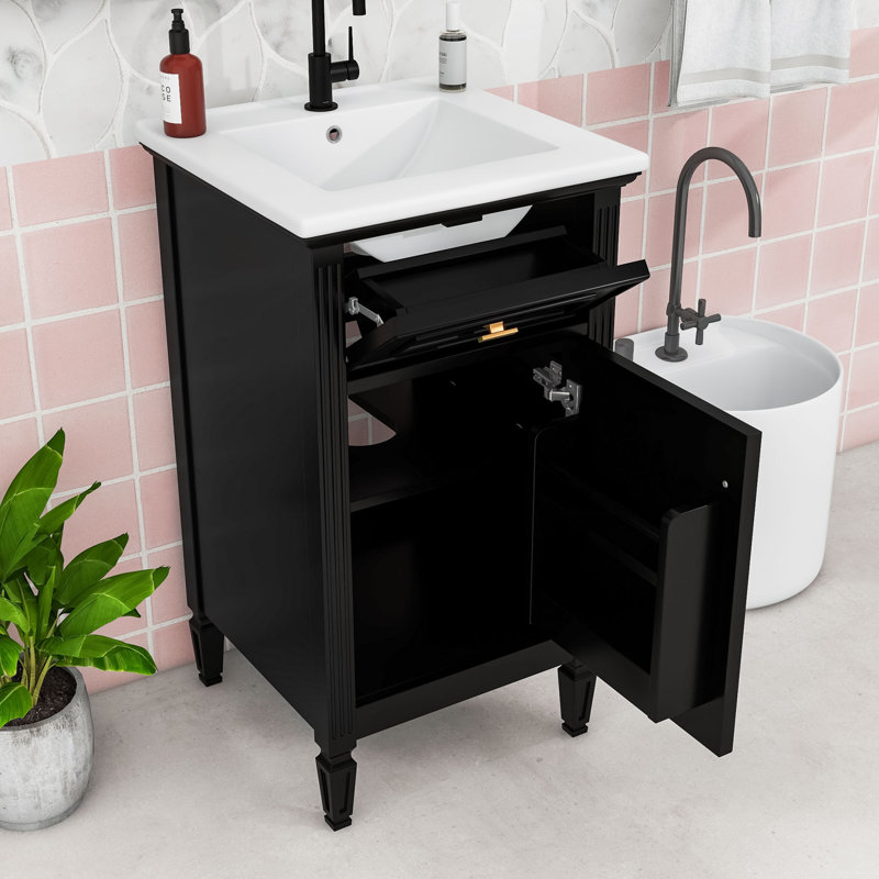 Meuble-lavabo en bois avec tiroir de rangement, tablettes et lavabo, Noir