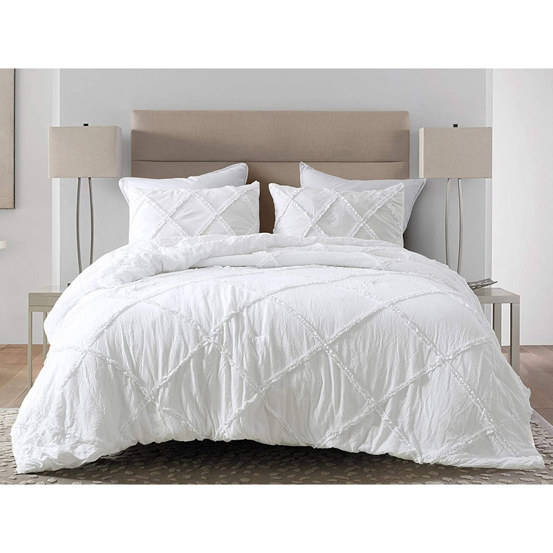 Vivian Soft Washed Microfiber Ruffle Comforter Set, King Comforter + 2 KingShams, White