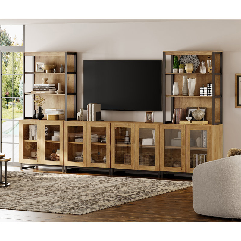 Modern 72" Tall Bookcases With Glass Doors And Adjustable Shelves, Library Book Shelf With Storage Cabinet And Open Book Shelfs, Wood Bookshelves For Home Office, Living Room, Oak