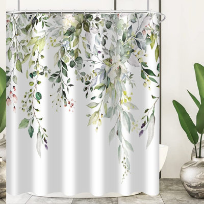 GreenLeaf Eucalyptus Shower Curtain - Watercolor Floral Design, Waterproof & Machine Washable, Includes 12 Hooks