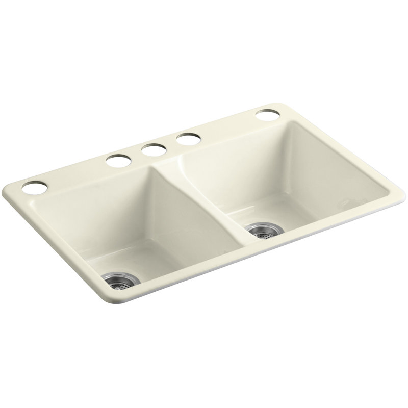 Deerfield 33" L x 22" W Double Basin Drop-In Kitchen Sink with Accessories, 5 Hole, Biscuit