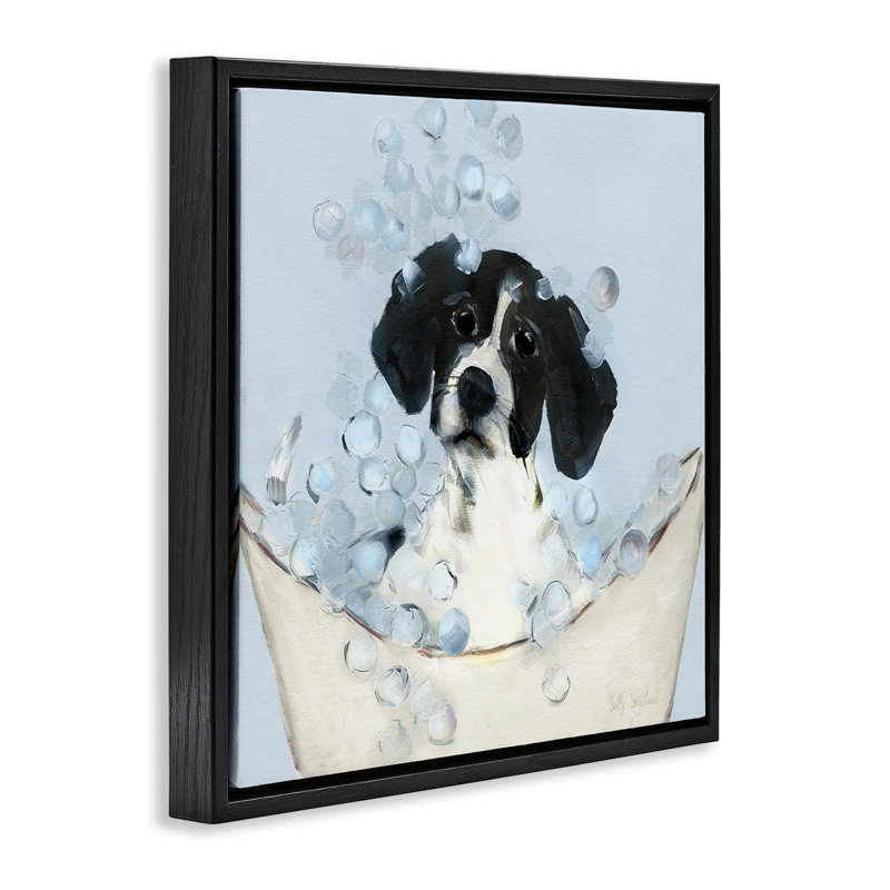 Chiot noir et blanc dans un cadre flottant de baignoire, design par Sally Swatland, Cadre flottant noir de jais
