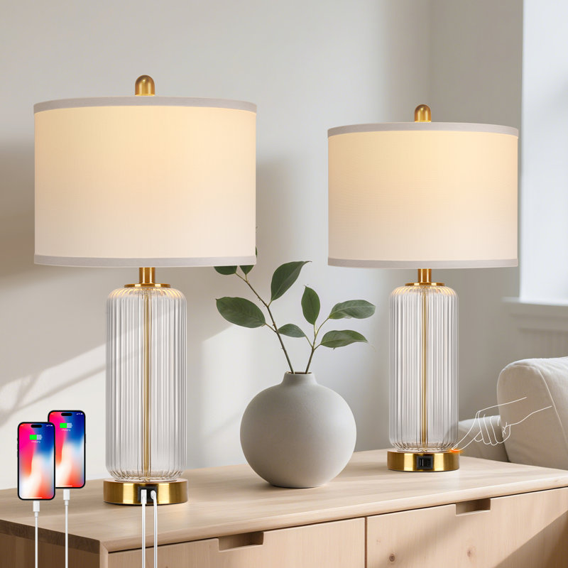 27" Modern Glass Bedside Lamps With Usb A+c Ports, Clear/Gold