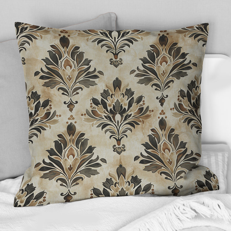 Coussin décoratif brun et gris damassé Glamour I, H 16 po x l 16 po