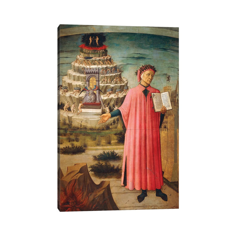 Dante Alighieri With Divine Comedy In His Hand And Mountains Of Purgatory In Background,1465 by Domenico Di Michelino - Wrapped Canvas Print