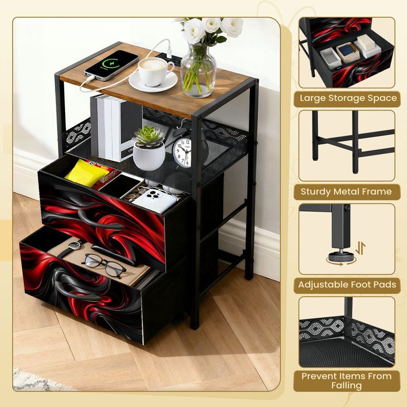 Table de chevet 2 tiroirs en tissu avec station de charge Table de chevet rouge et noir tourbillonnant à finition brillante