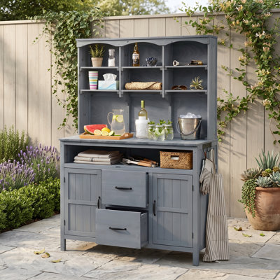 Fir Wood Outdoor Potting Bench with Hutch, 2 Cabinets, 2 Drawers, Adjustable Shelf and Side Hooks