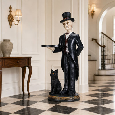 33" Hand-Painted Resin Skeleton Butler Halloween Floor Statue with Round Tray and Black Cat
