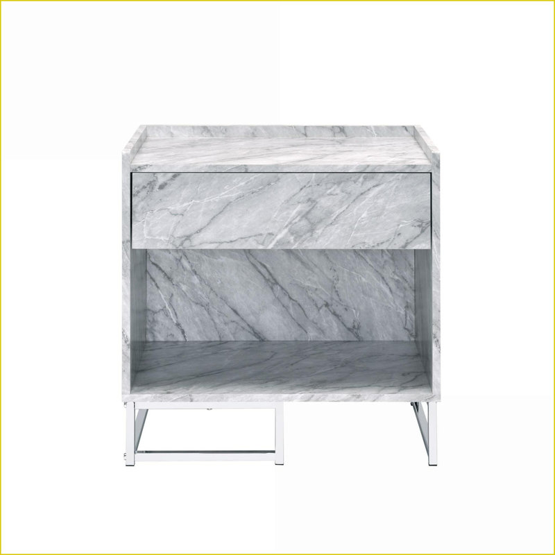 Table basse blanche en faux marbre avec base en métal chromé, 1 tiroir et rangement ouvert pour le salon