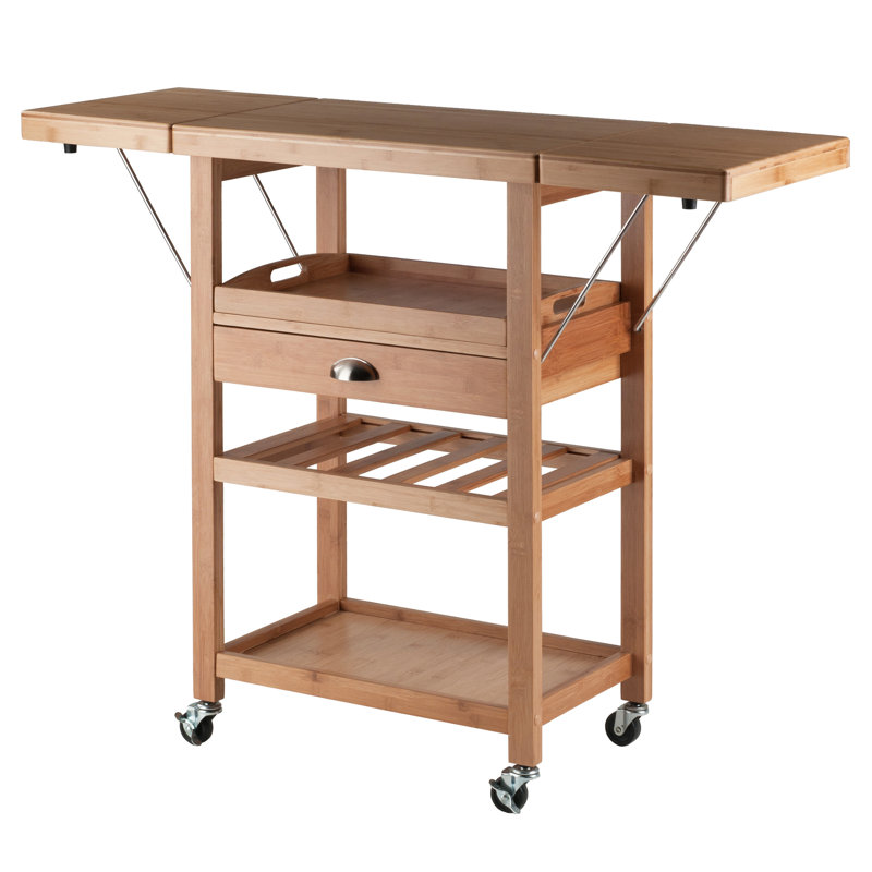 Natural Bamboo Drop Leaf Kitchen Cart with Wine Rack