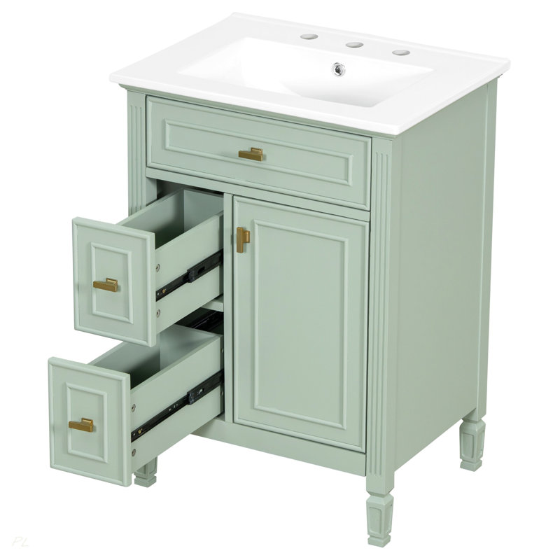 Meuble-lavabo de 24 pouces avec lavabo, armoire en bois massif et panneau de fibres à densité moyenne avec un tiroir rabattable, deux tiroirs standard et une tablette réglable, meuble-lavabo vert autoportant pour le rangement de la salle de bain