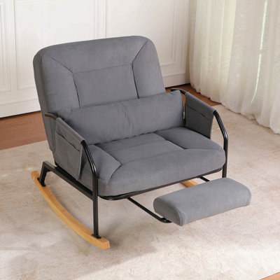 Fauteuil à bascule en velours côtelé pour chambre d'enfant avec repose-pieds escamotable, dossier inclinable de 100° à 160°, grand fauteuil à bascule inclinable avec poche latérale et coussin lombaire, structure en métal pour salon ou chambre à coucher