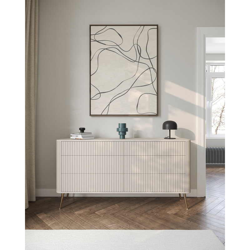 Chest of Drawers with Fluted Fronts and Six Drawers, Beige/Gold