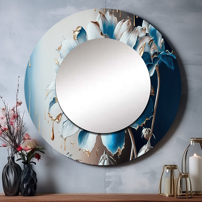 Skyelin bleu glacier Daisy I - miroir décoratif Daisy, miroir mural rond traditionnel, impression d'art en métal